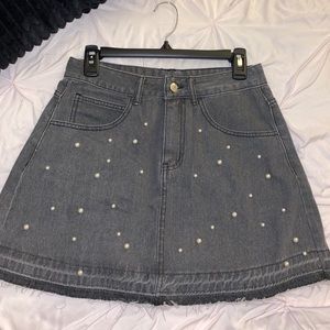 Black Denim Skirt w Decorative Pearl Beads